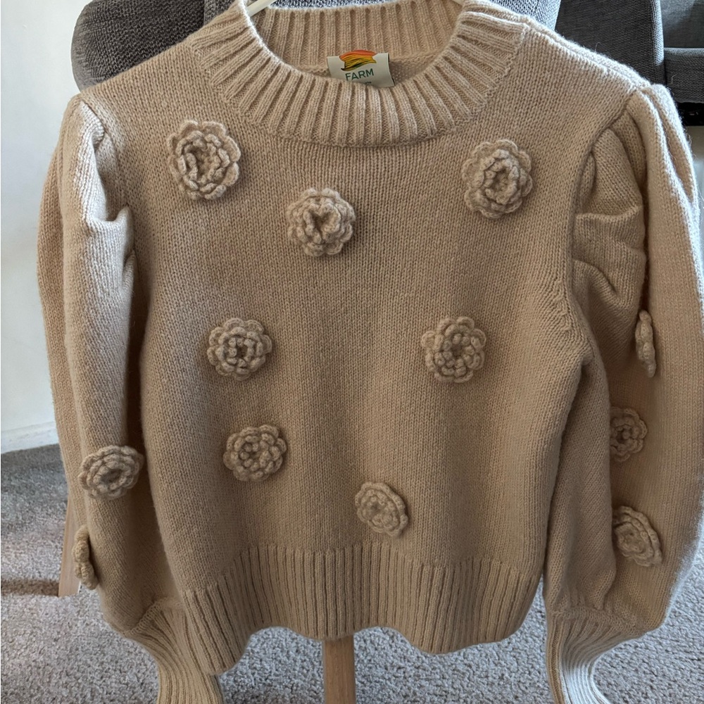 Farm Rio Sand Crochet 3d Flower Dropped Shoulder Knit Sweater
